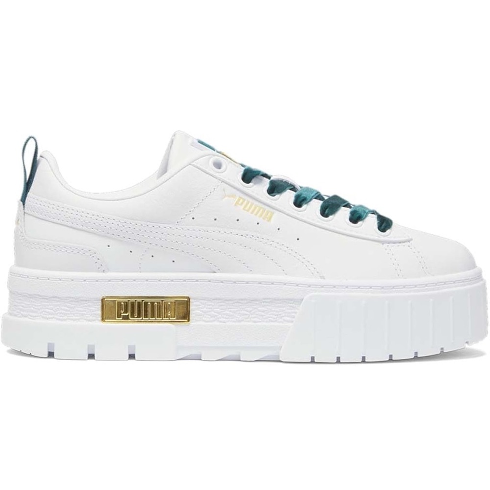 PUMA Women's Platform Sneakers White with Gold Plaque, velvet laces 8.5